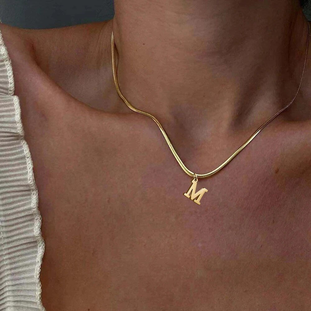 A-Z Alphabet Gold Plated Stainless Steel Pendant Necklace for Women Snake Chain image 1