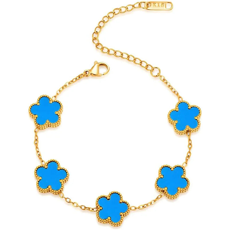 14K Gold Plated Five-leaf Clover Link Bracelets White Black Blue Gold Red Green image 38