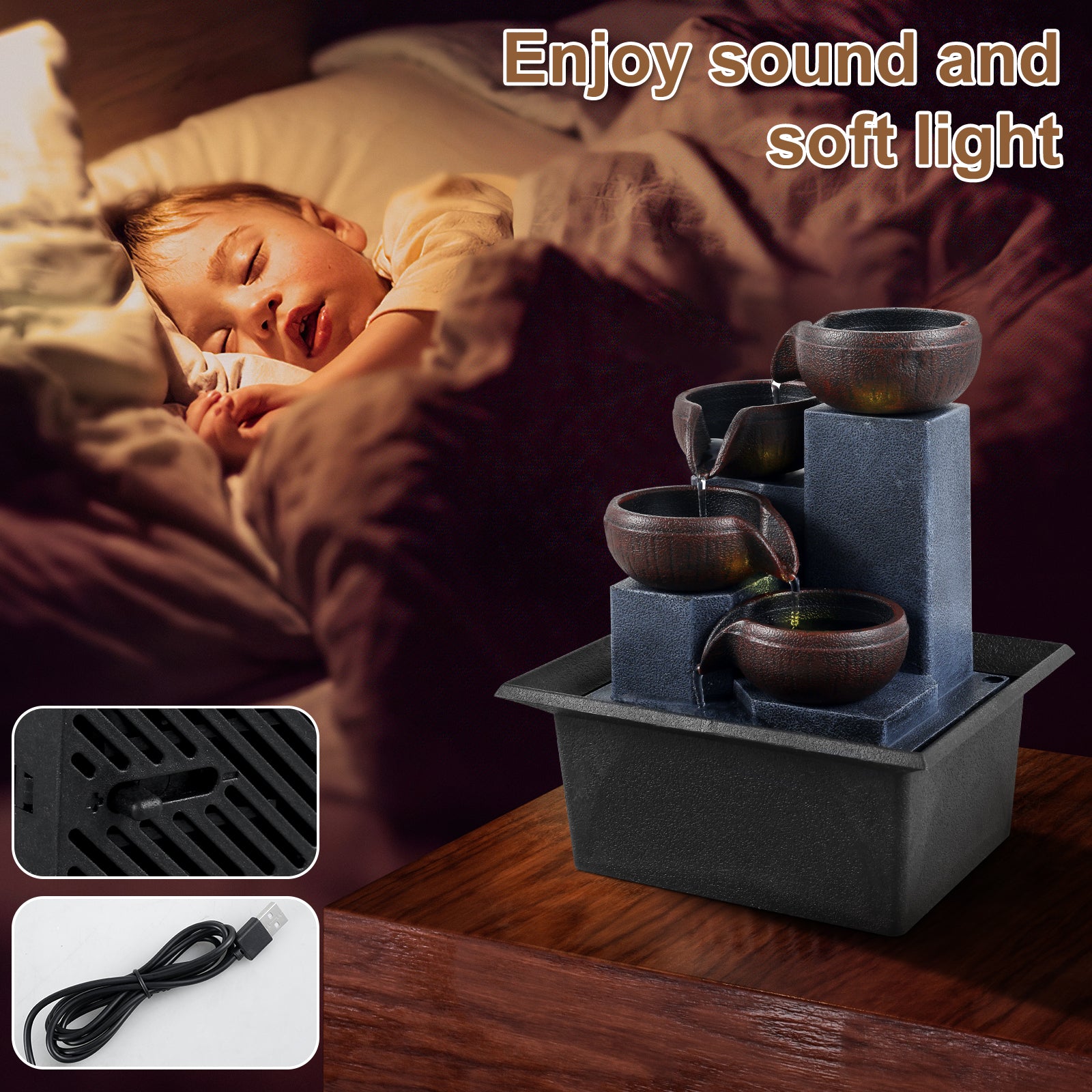 Indoor Tabletop Water Fountain with LED Light 4-Level Desktop Waterfall Fountai image 2