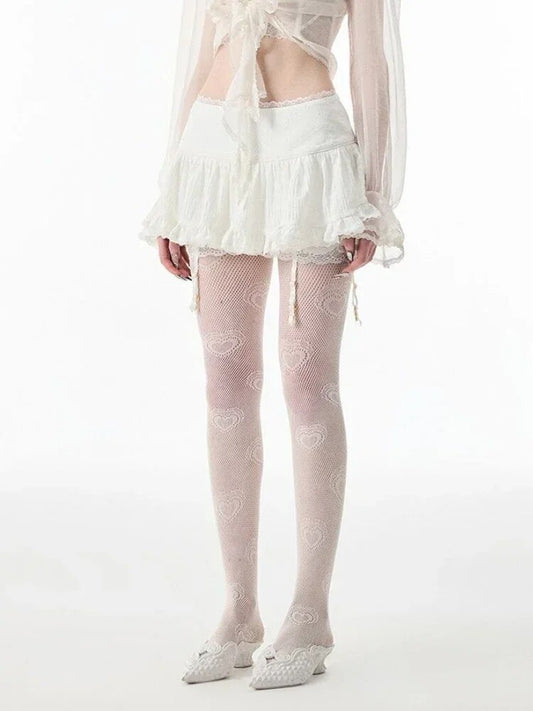 HOUZHOU Coquette Mini Skirt Women 2023 Kawaii Lace Mesh Patchwork Cute White Hi image 0