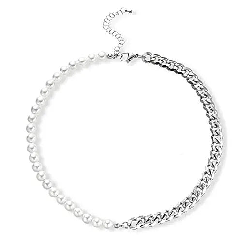 Half Pearl Half Chain Necklace Men Women Silver Gold Color Cuban Link Stainless image 0