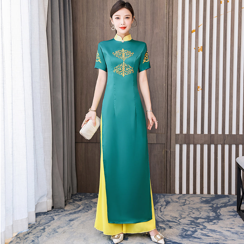 Ao Dai Vietnam Improve Qipao Green Women Fashion Long Chinese Style Two Piece S image 2