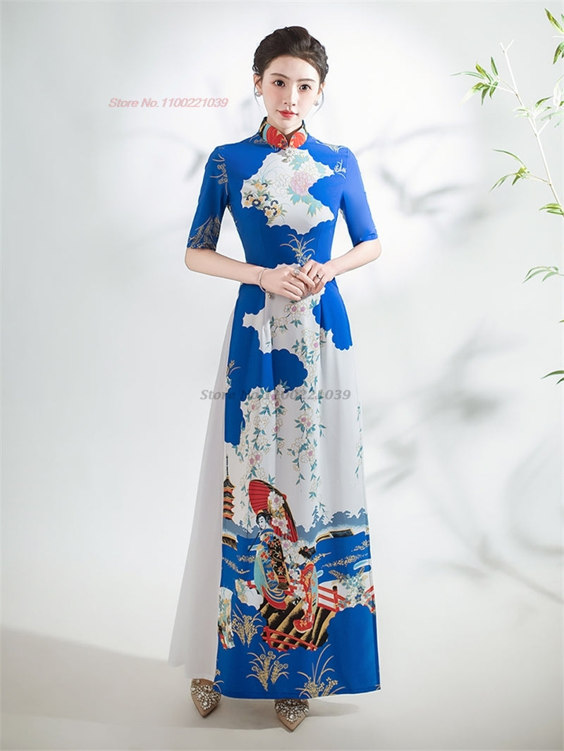 2024 vietnam traditional dress ao dai national flower print cheongsam oriental  image 3