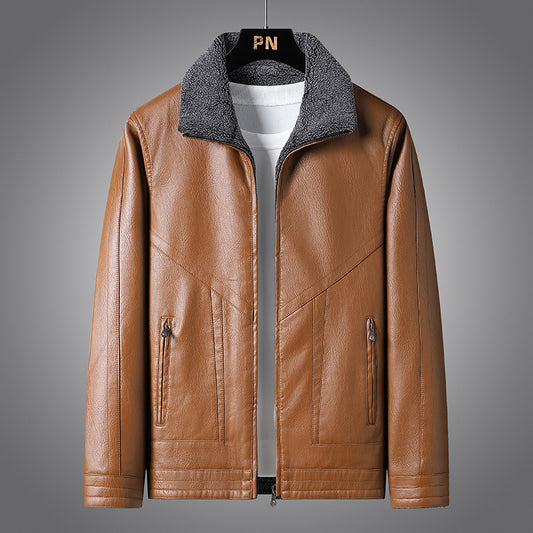 Winter Men's Fur Collar Leather Jacket Fashion Simple Solid Color Windproof Car image 0