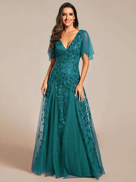 JPW Elegant Evening Dress Deep V-Neck Ruffle Sleeves With Short Sleeves Ever Pretty of 2025 Teal Gauze Sequin Bridesmaid dress, Size 14 Green