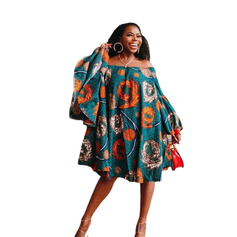 Venta al por mayor, gran oferta, vestidos cortos africanos de moda con un solo hombro, mangas acampanadas, escote en V profundo y estampado a color para mujer.
