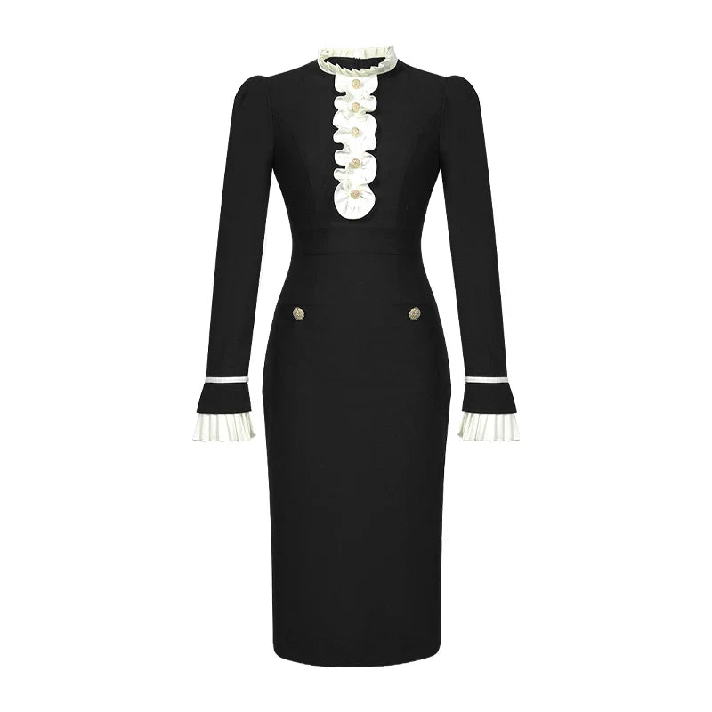 ZYHT 21557 Elegante vestido largo de primavera para mujer, estilo coreano, de manga larga, formal, adelgazante, con retazos, blanco y negro.