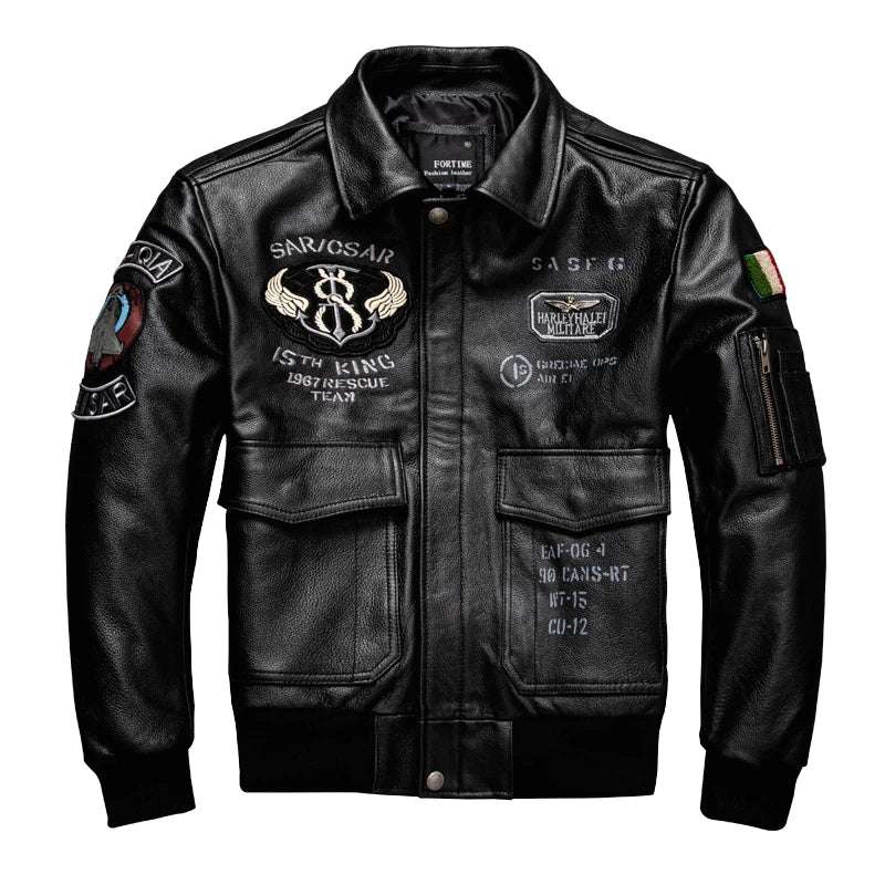 Black Autumn Pilot Leather Jacket Men Military Style Plus Size 5XL Genuine Natural Cowhide Italy Flight Leather Coat