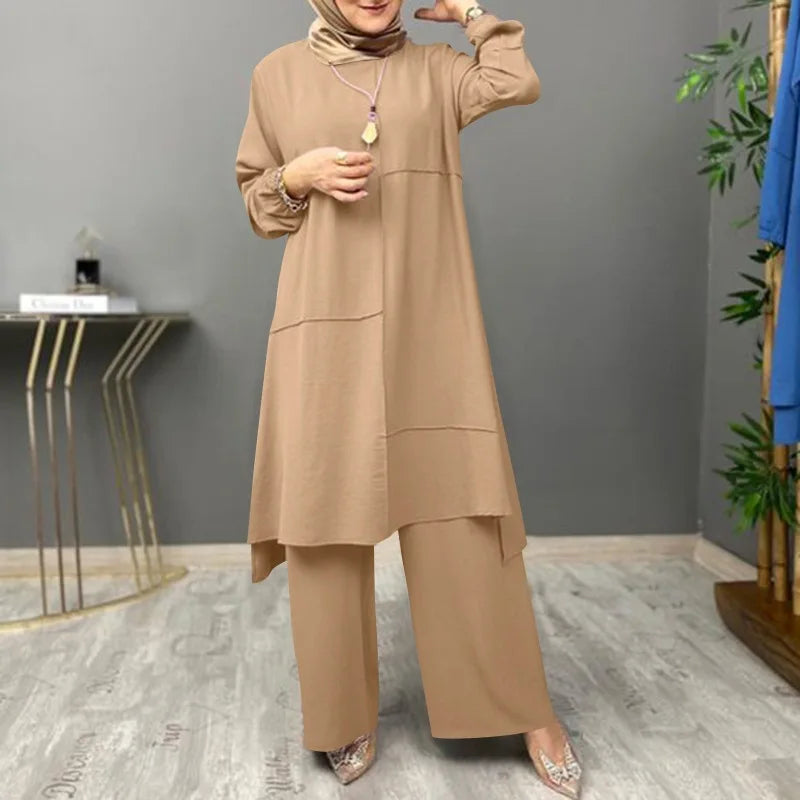 Conjunto elegante de abaya informal de dos piezas para mujer, traje holgado liso de 2 piezas con blusa de manga larga y pantalones de pierna ancha, chándal musulmán para adultos