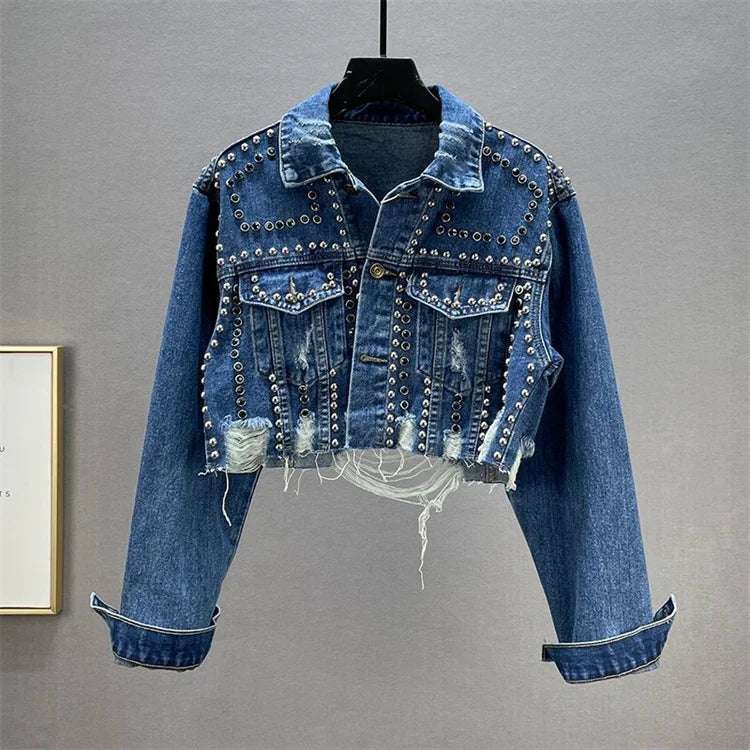 Chaqueta vaquera con remaches y tachuelas para mujer, abrigo corto holgado, chaqueta vaquera de alta calidad para mujer