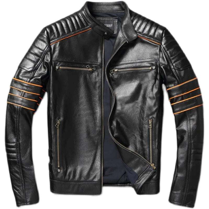 YR!,Wholeales.Black Mens genuine leather jacket.cowhide coat.short sli