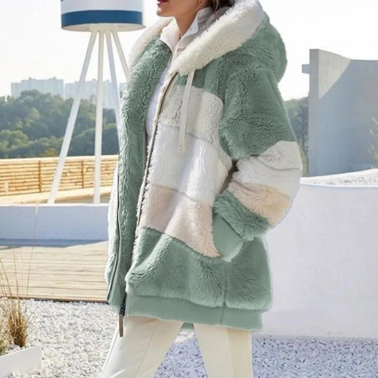 Warm Ladies Jacket Autumn Winter Long Sleeve Women Coat Plus Size Winter 2023 Color Block Zipper Fluff Hooded Coats