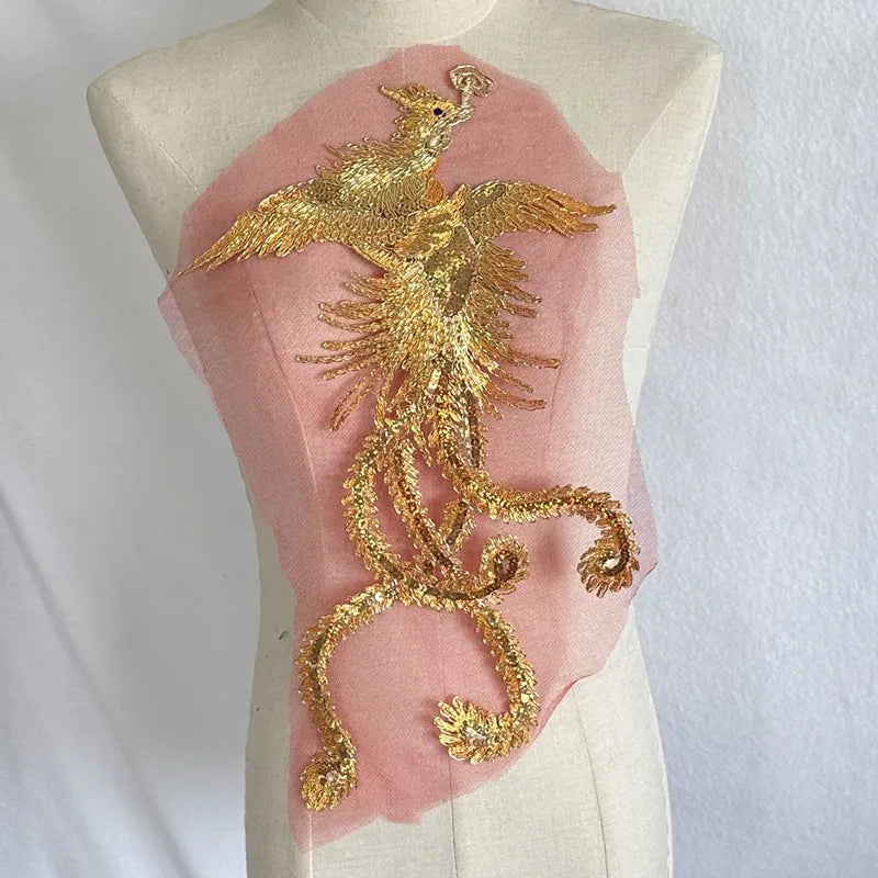 Parches bordados de estilo chino con diseño de dragón y pavo real, de Seqin dorado, para coser ropa, de malla roja, con encaje, para decoración DIY.