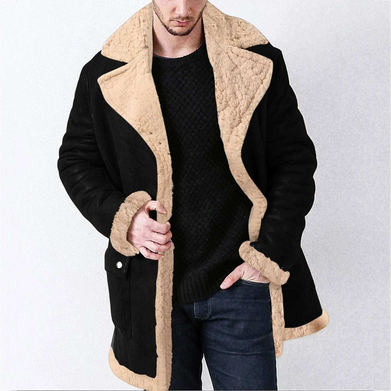 Mid Length Jacket Men Winter Zipper Coat Lapel Long Sleeve Padded Leat
