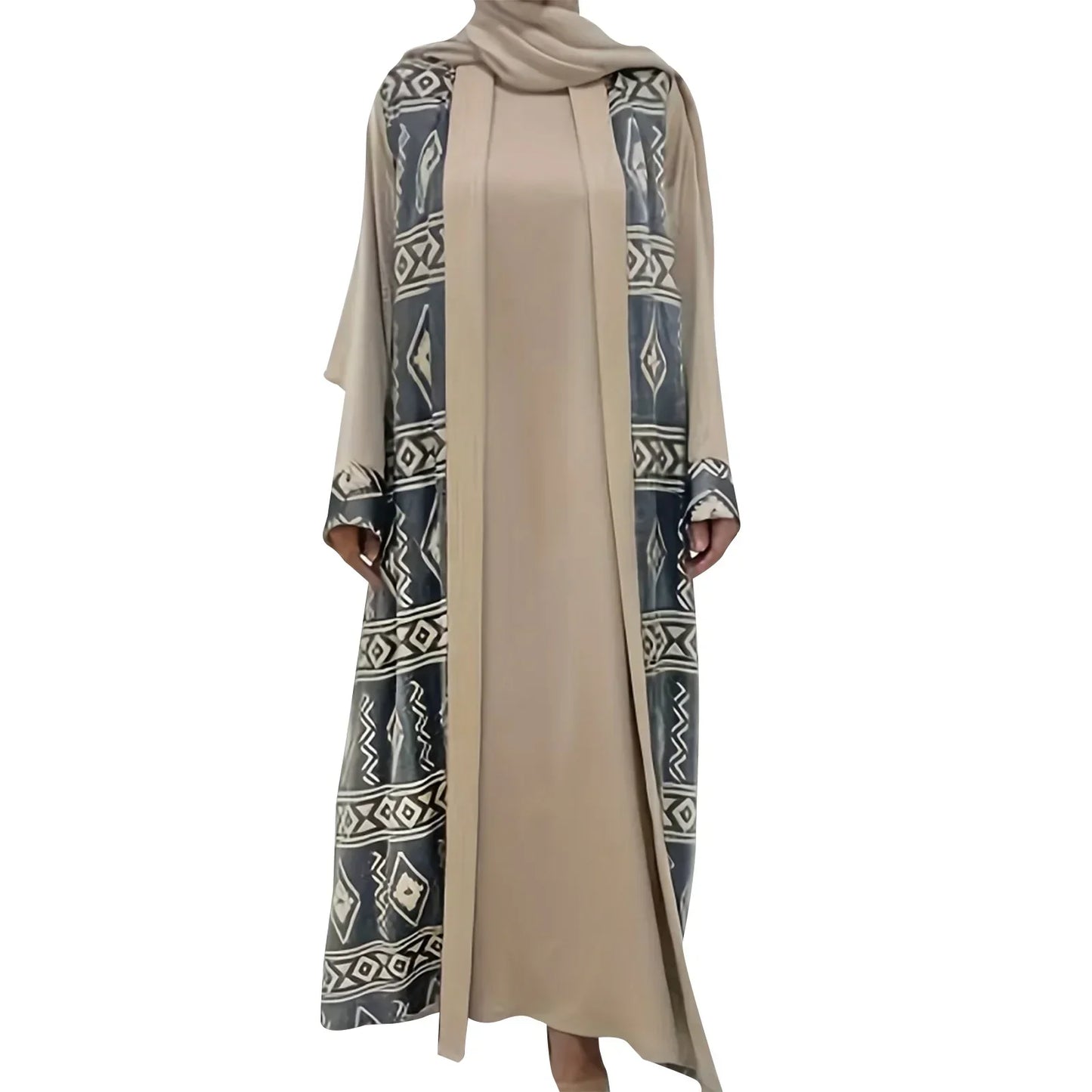 Elegante vestido largo abaya con bordado floral, cinturón y mangas acampanadas para mujer: un elegante atuendo de Ramadán de Oriente Medio.