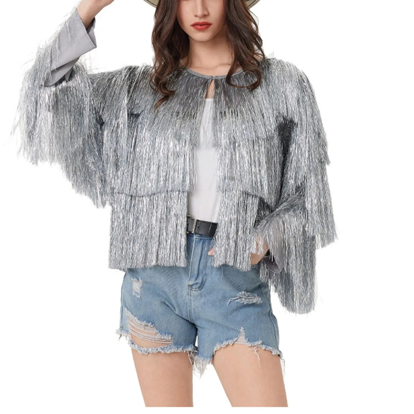 Festival Carnival Women Sequin Jackets Tassels Fringe Open Front Cardigan Coats Nightclub Women's Hip Hop Rock Fashion Outwear