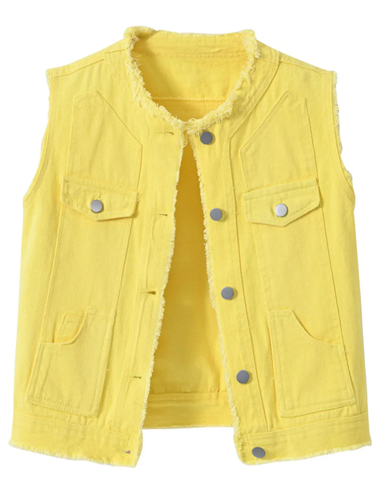Chaleco vaquero informal sin mangas de color caramelo para mujer - Chaleco vaquero con botones y cuello tipo chaqueta vaquera sin cuello