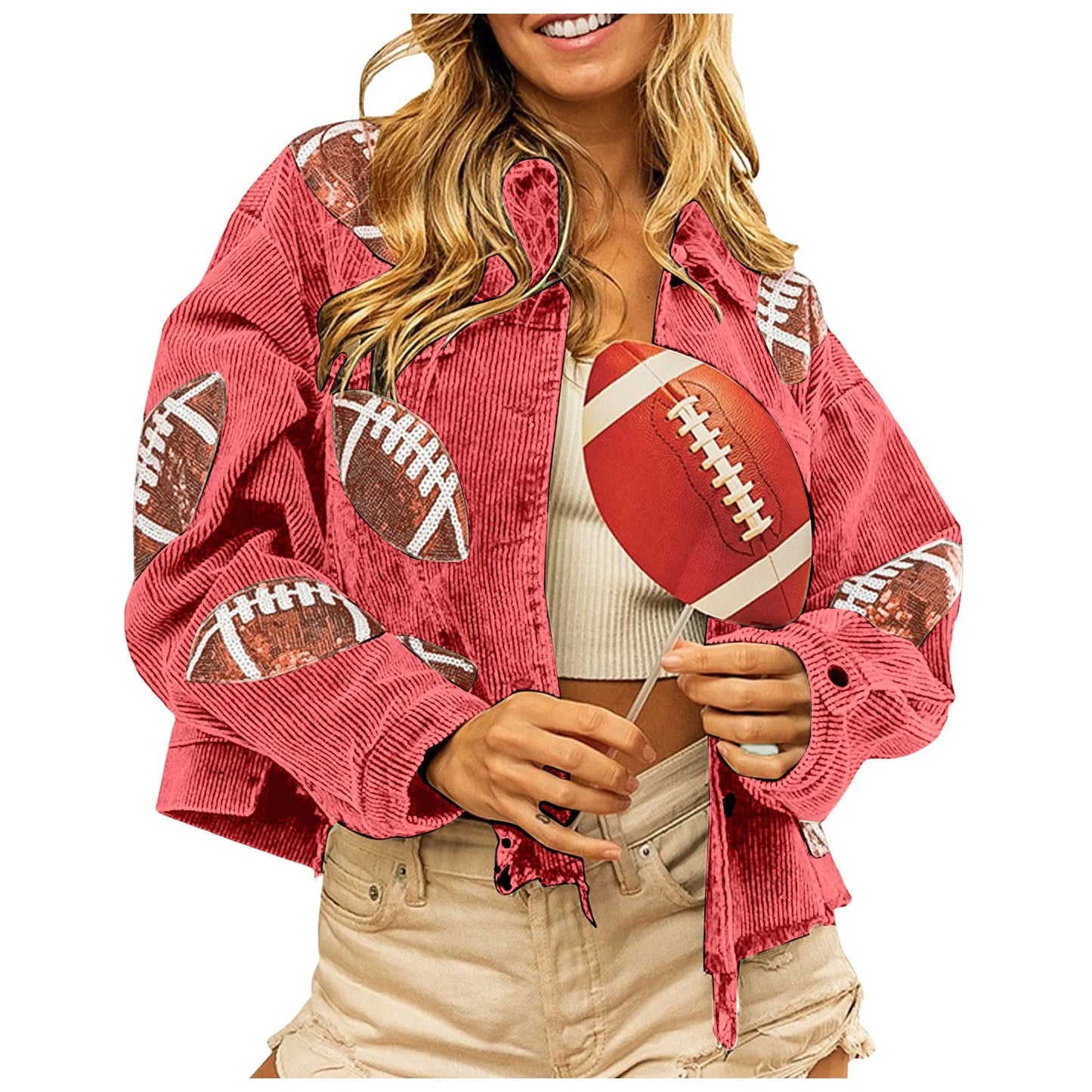 Womens Fall Winter Corduroy Football Sequin Jacket Turn Down Neck Irregular Hem Baseball Casual Jacket Chic Sports Cropped Tops