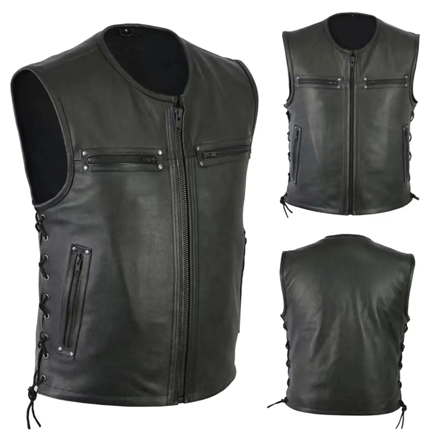 Men Solid Color Vest Motorcycle Fleet Punk Leather Vest Coat Sleeveless O-Neck Zipper Slim Jacket Autumn Work Coats Male Wear
