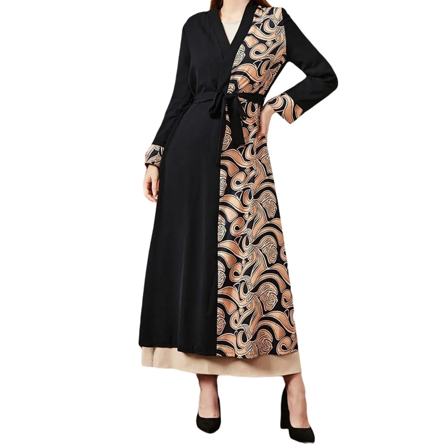 Elegante vestido largo con estampado floral, mangas acampanadas y lazo en la cintura para mujer, perfecto para cualquier ocasión y temporada.