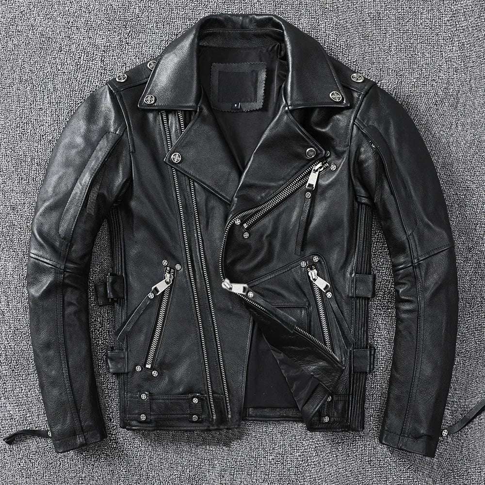Vintage Brown Motorcycle Leather Jacket Men Natural Genuine Cowhide Ja