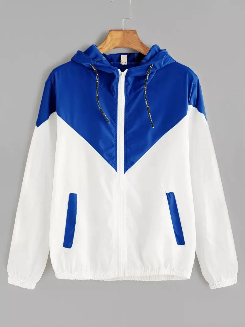 Chaqueta cortavientos con capucha y diseño de bloques de color para mujer, elegante chaqueta bomber con cremallera y retazos, abrigo informal de otoño, impermeable