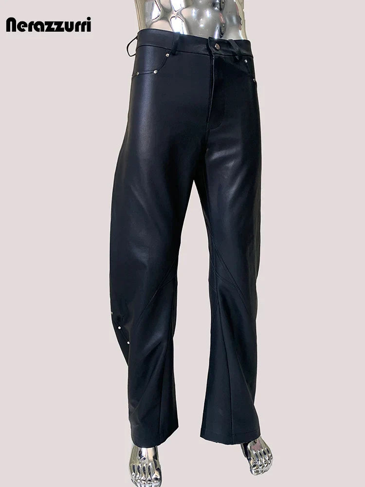 Mauroicardi Autumn Cool Black Pu Leather Twisted Belted Pants for Men High Waist Rivet Punk Style European Fashion Clothes 2025