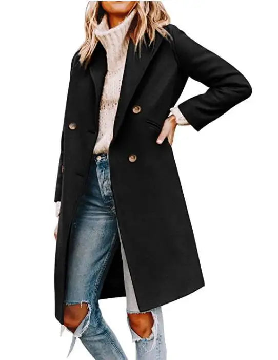 2025 New Women's Winter Wool Coat Casual Notch Lapel Single-Breasted Peacoat Fashion Office Lady Trench Peacoat Jackets