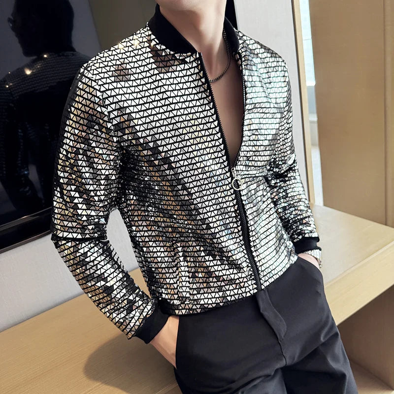 Men Fashionable Sun-Protective Jacket in Nightclub Style, Thin Silver Sequin Stage Coat, Asian Size M-5XL