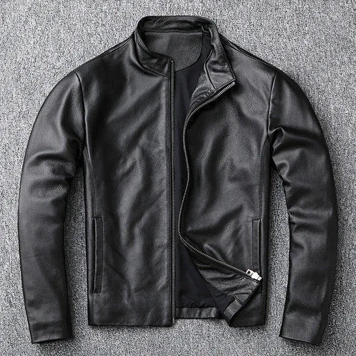 AYUNSUE Chaqueta de piel de vaca auténtica, abrigo corto de motociclista, cuello alto, ropa de calle para hombre, chaquetas para hombre WPY3737