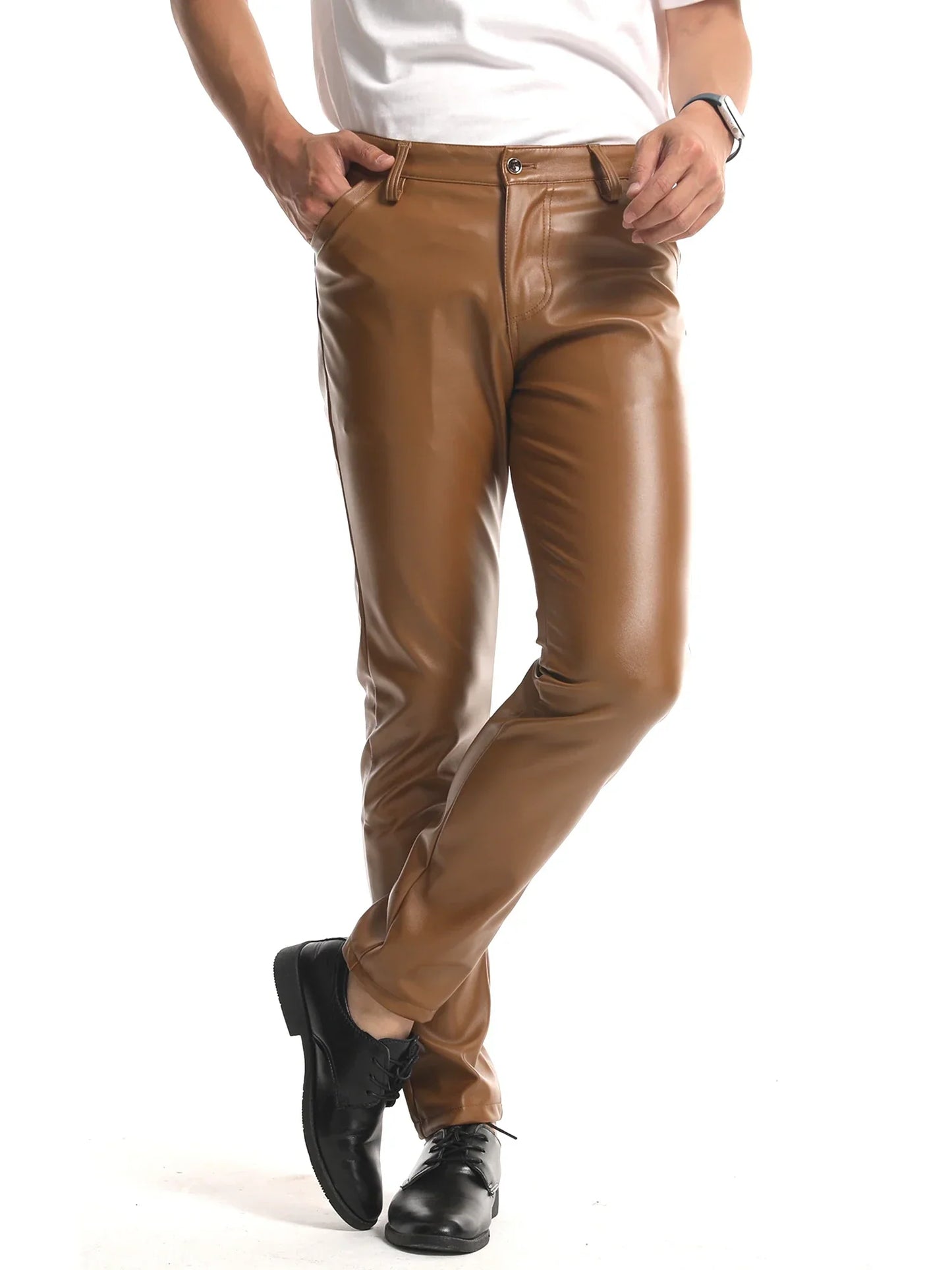 Men`s Party Stage Performance Business Slim Fit Five Pockets Faux Leather Pants Jeans