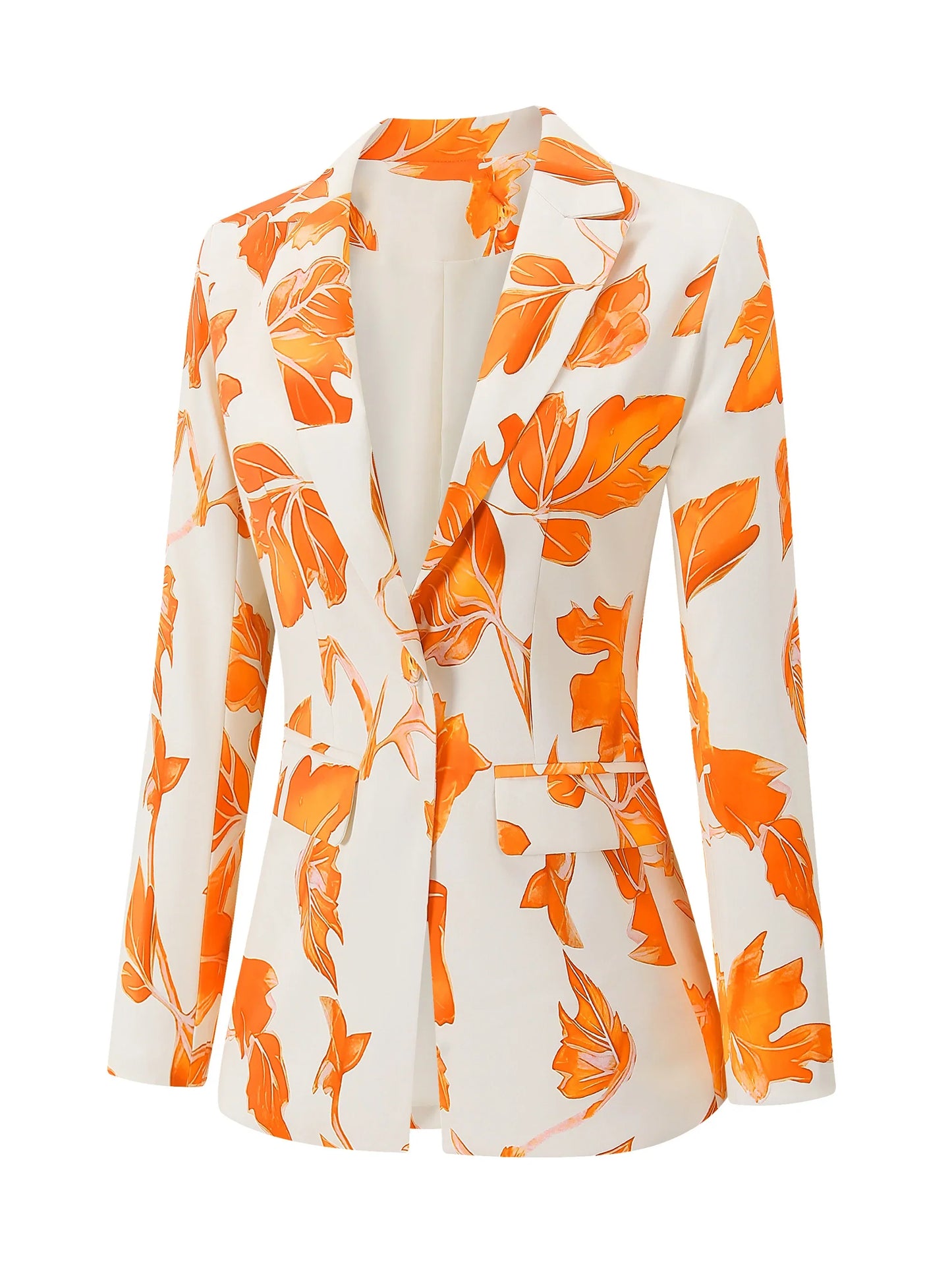Elegant Leaves Print Long Sleeve Blazer for Women - Chic Jacket with Pockets, Stylish Outerwear