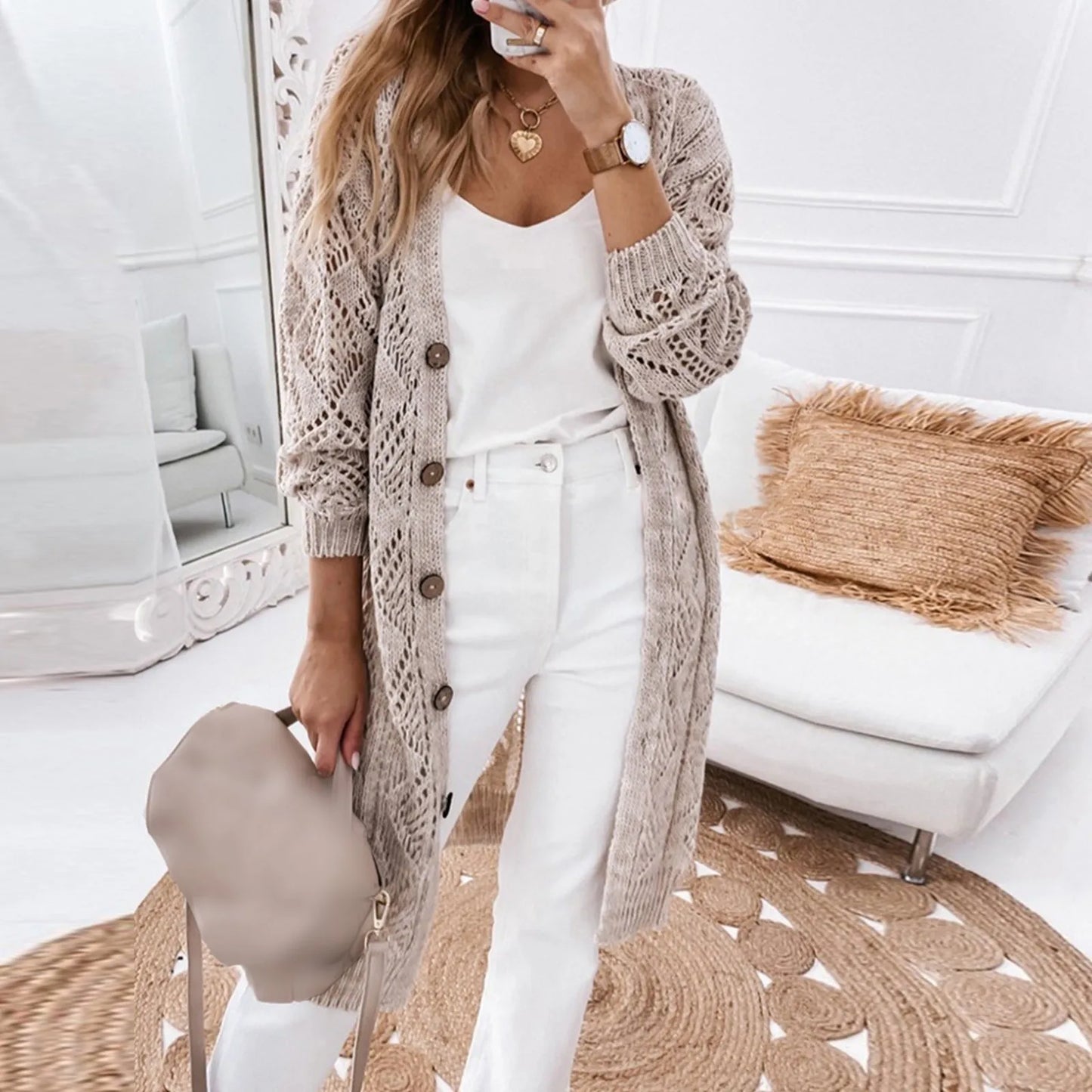 Women's Loose Crochet Sweater Coats Button-Down Solid Color Long Sleev