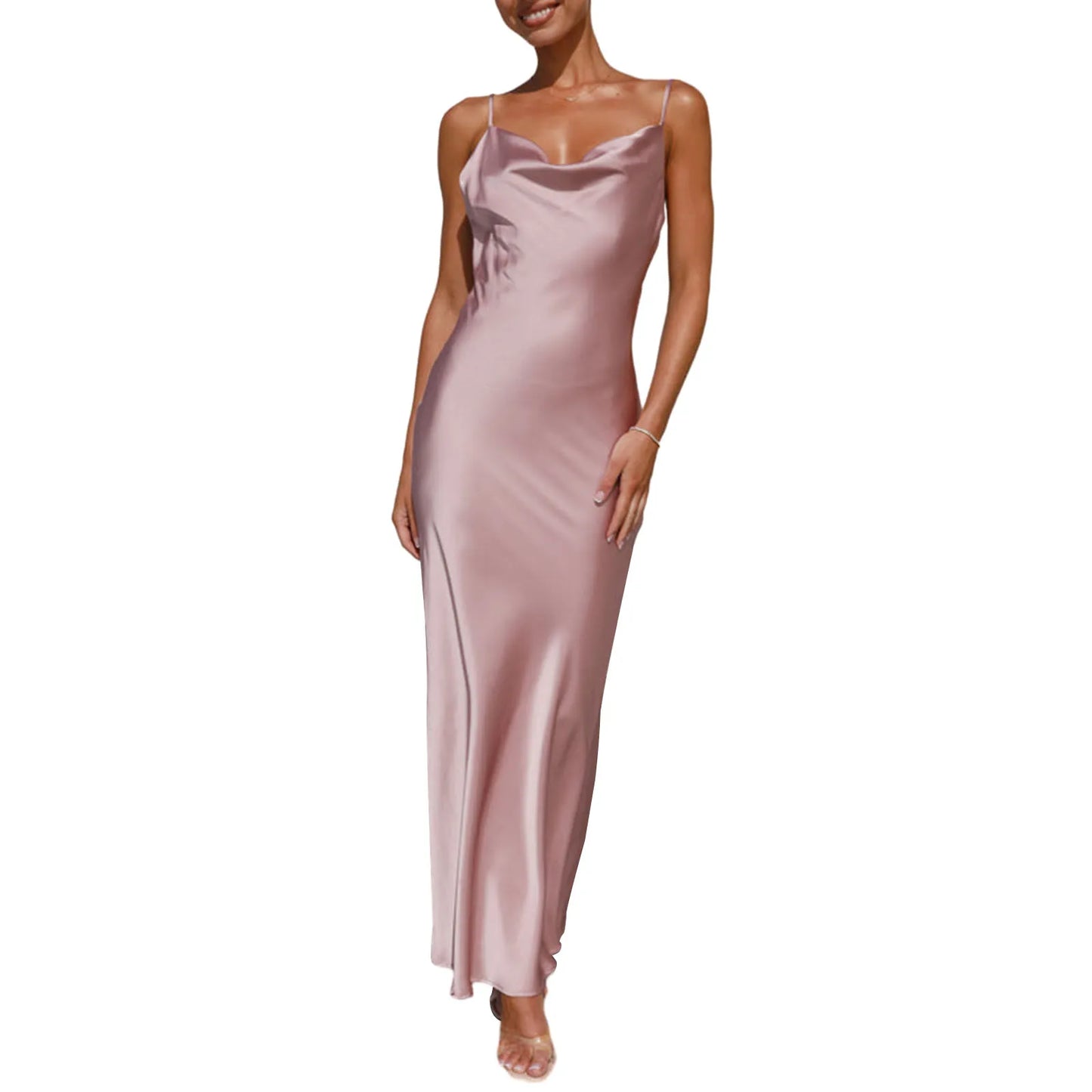 Vestido largo ajustado para mujer, color liso, con tirantes finos, cuello vuelto, sin mangas, vestido de verano sin espalda