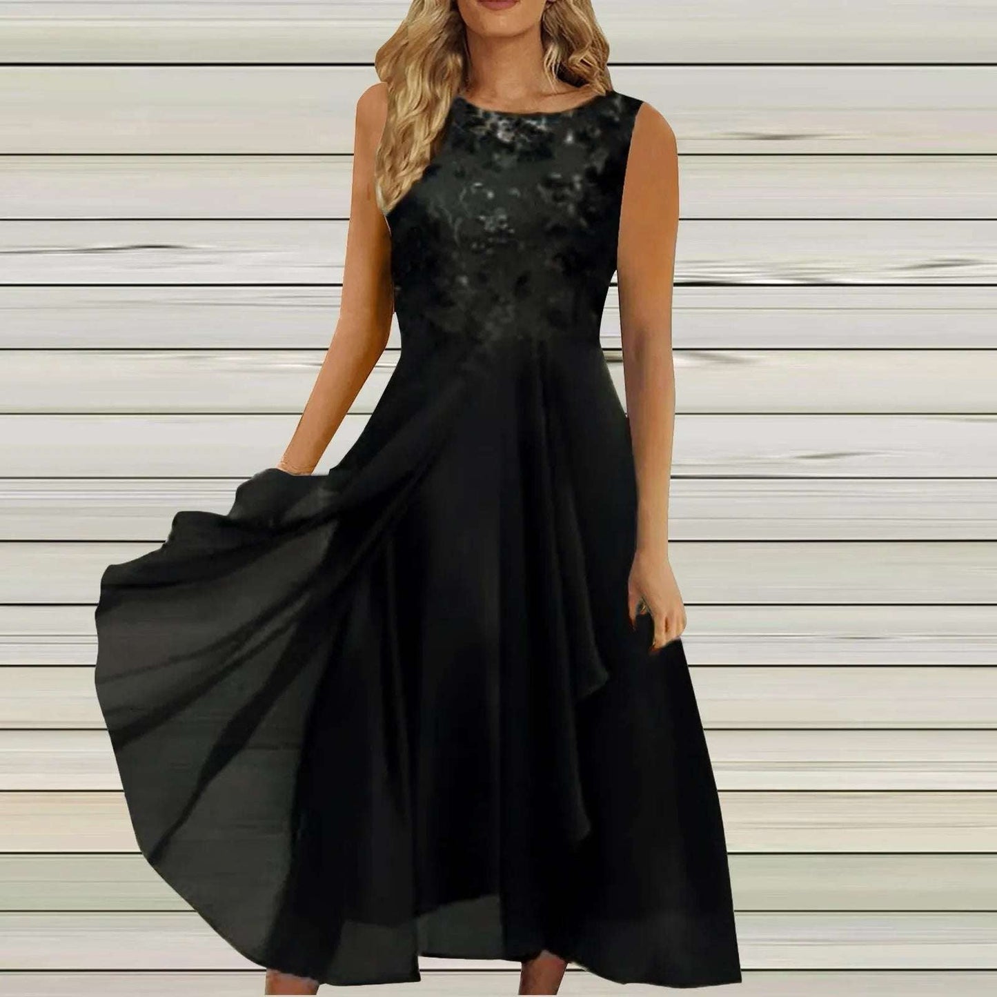 Vestido de mujer elegante de gasa con encaje y patchwork, corte sin mangas