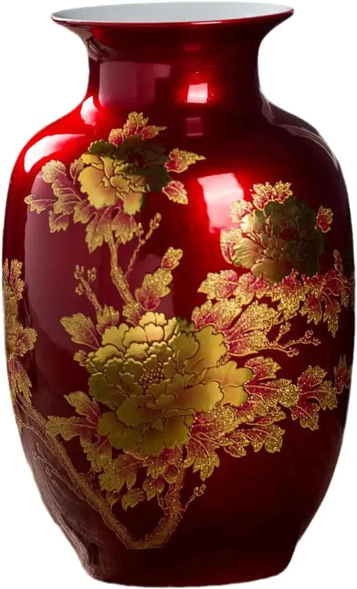 Jarrón rojo de cerámica oriental con flores, decorado con diseño de peonía, para el hogar, la sala de estar y la boda, de 23 cm de alto.