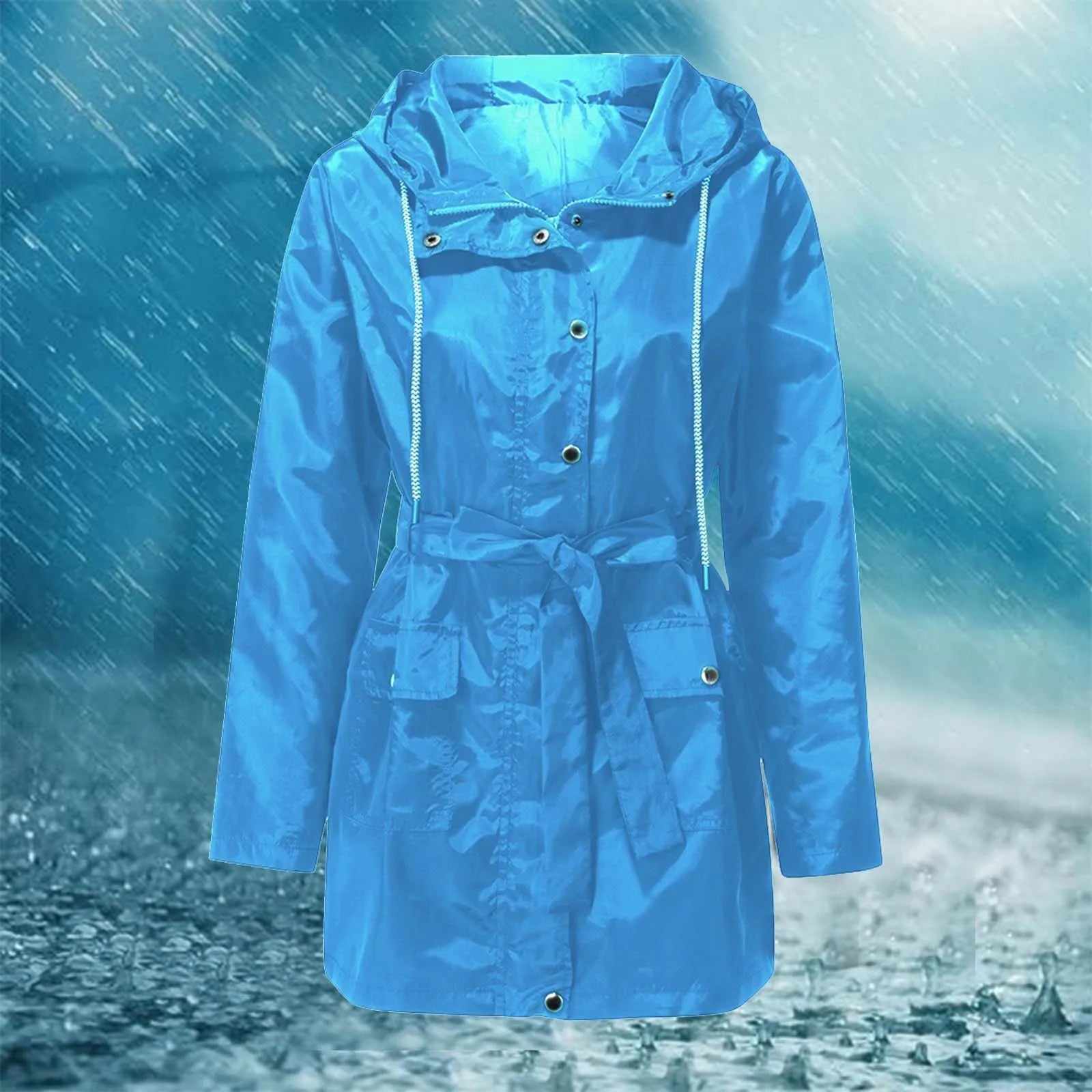 Women's Hoodie Interchange Jacket Mountaineering Hiking Elastic Tie Waist Rain Coat Windbreaker Trench Drawstring Outerwear