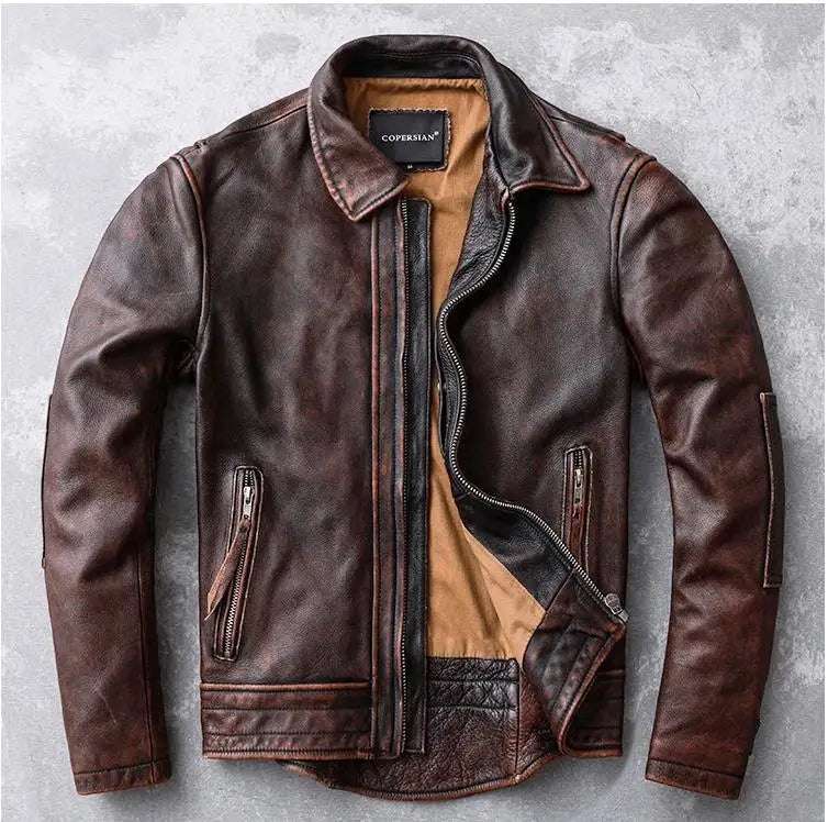 CC Shop.Vintage Brand cowhide Jacket,Classic casual genuine Leather coat.Motor Rider leather wear.Retro style.quality
