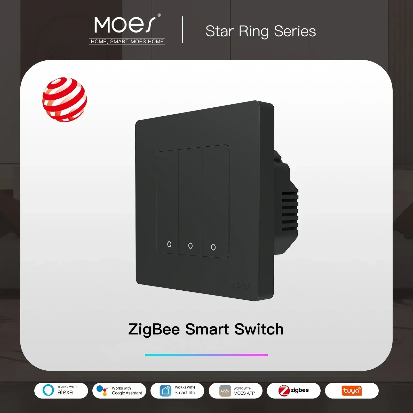 MOES Smart Light Switch Tuya ZigBee Star Ring Series No Neutral Wire No Capacitor Needed Smart Life Works with Alexa Google Home