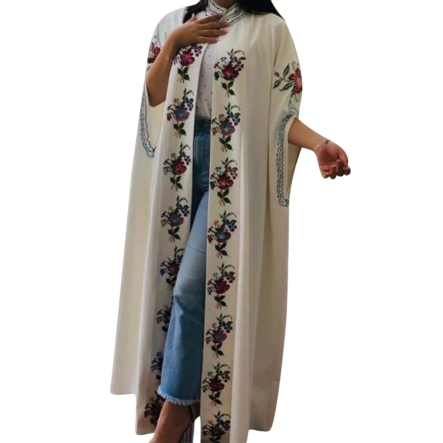 Elegante capa abaya con estampado floral, silueta fluida y escote alto para un estilo informal y elegante en primavera.