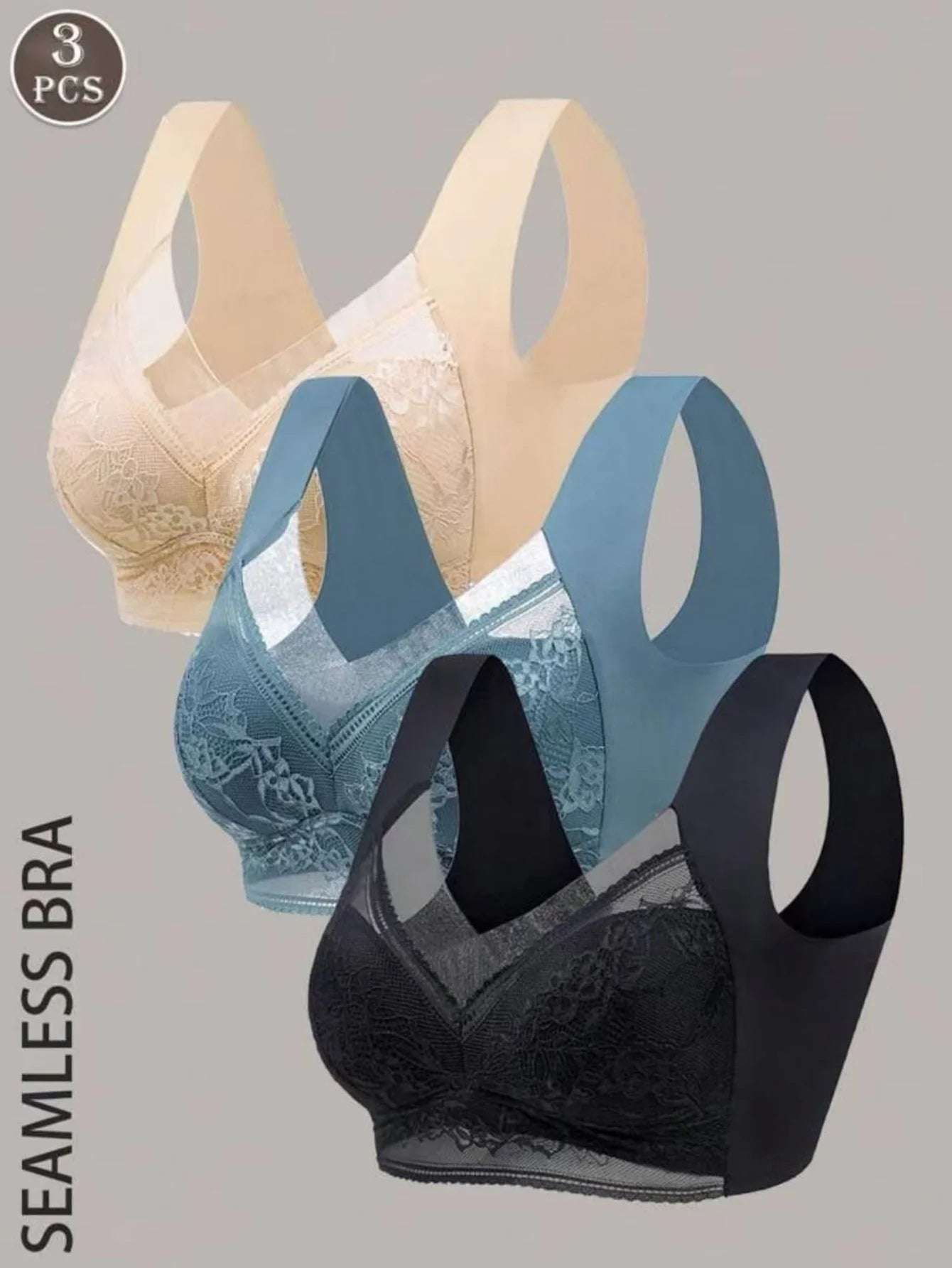 Conjunto de sujetador de encaje sin costuras de 3 piezas para mujer, sujetador deportivo sin aros, sujetador push up, sujetador de pecho, sujetador de mujer - sujetador sin aros para mujer