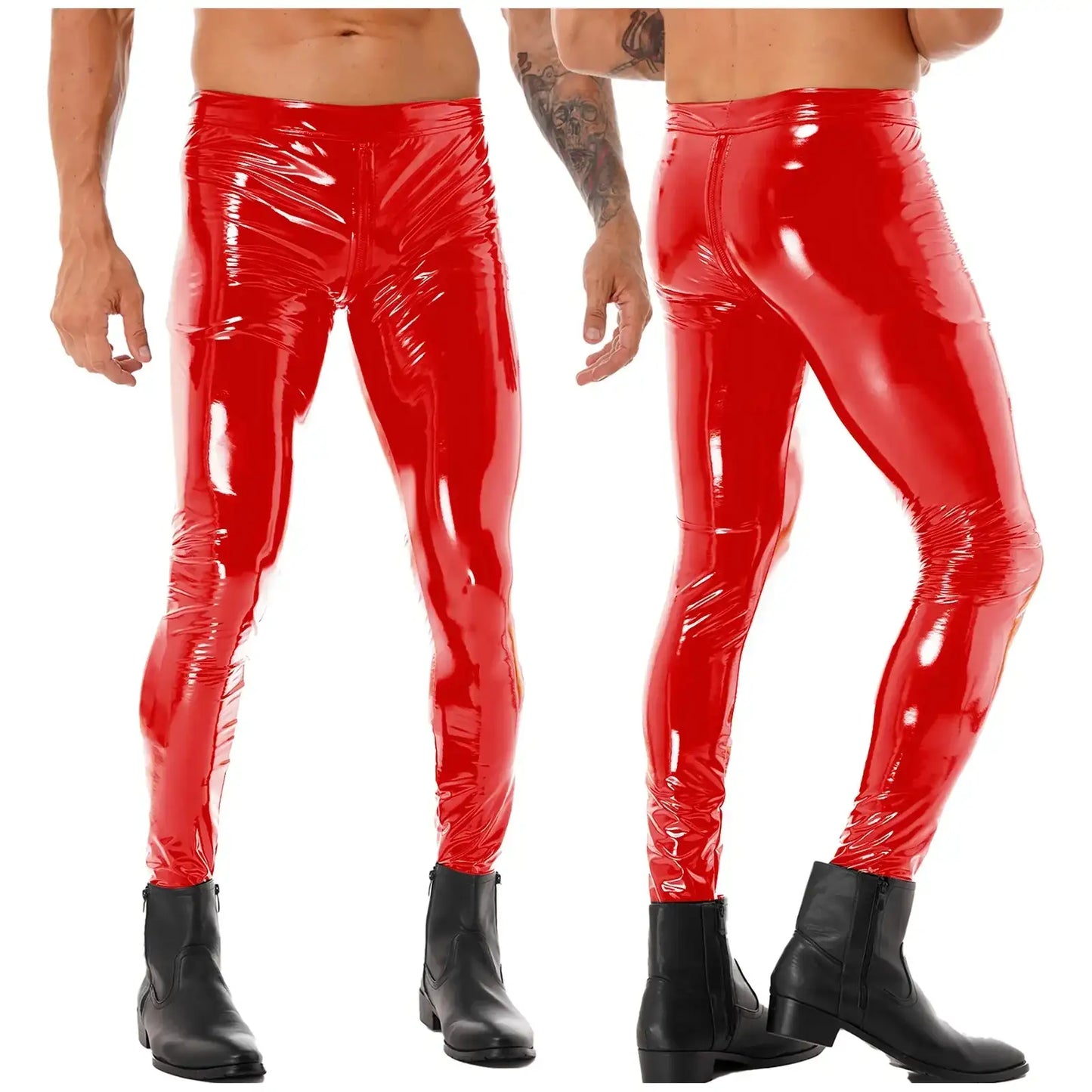 Mens Black Red Motorcycling Leggings Patent Leather Skinny Pants Two-way Zipper Crotch Trousers Wet Look Clubwear Leggings