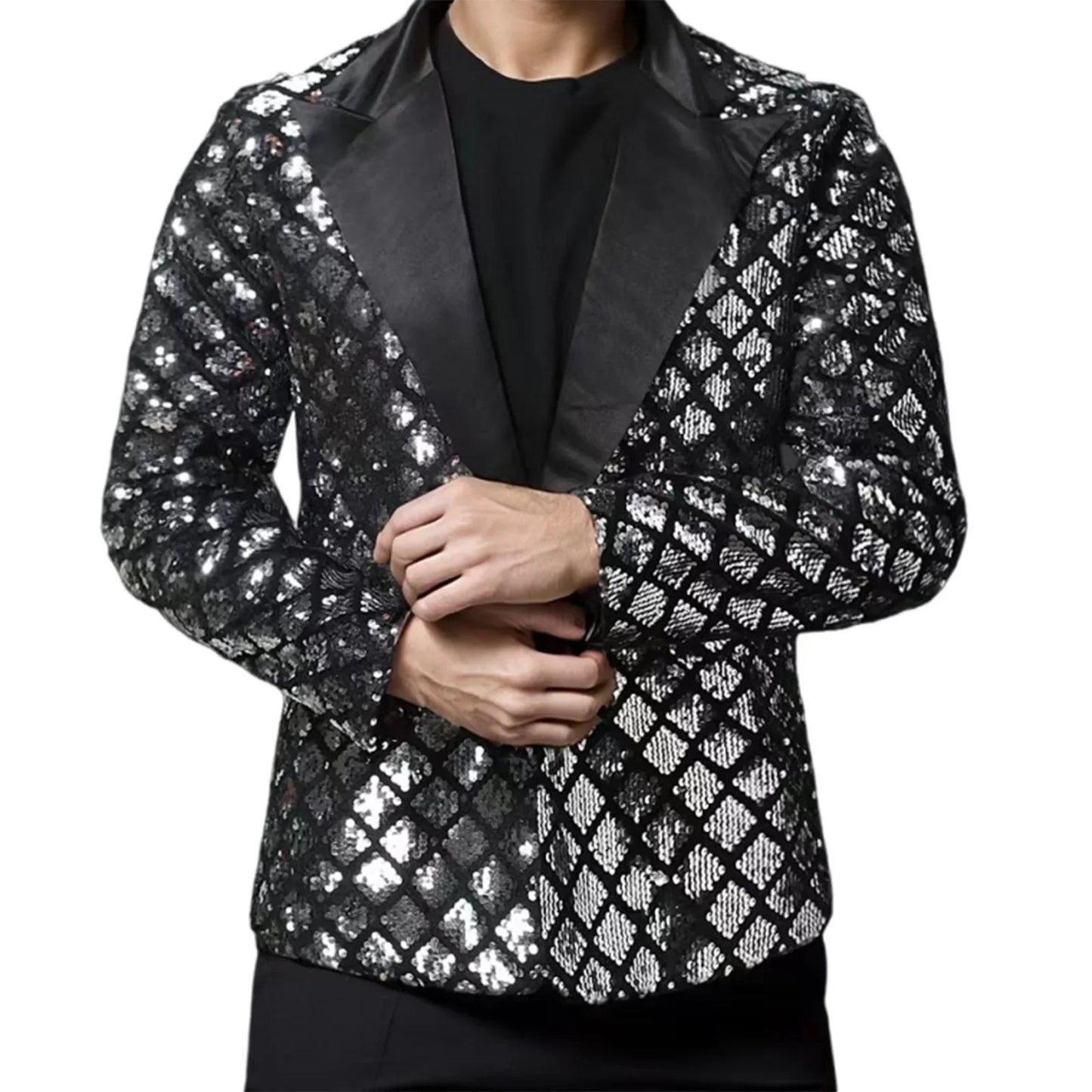 Men's Glitter Slim Blazers Diamond Sequin Long Sleeve Lapel One Button Coat Bar Party Jacket