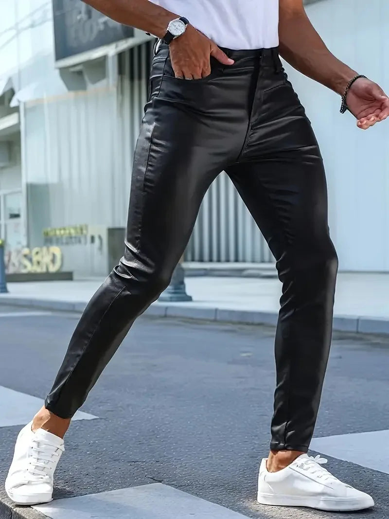 Men`s Business Slim Casual  Fit Five Pockets Faux Leather Pants Trousers