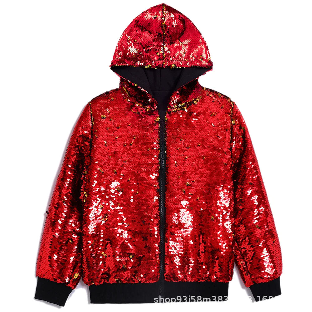 2025 New Europe USA  Flip Color Sequined Hooded Casual Jackets for Men, Fall Winter Loose Baseball Clothing, Large Size Eur Size