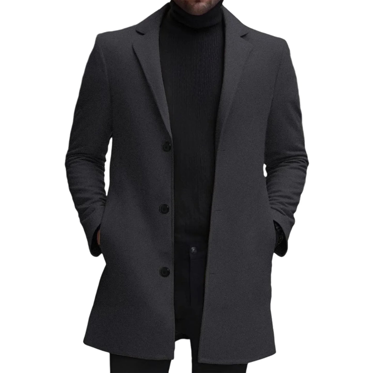 Men s Classic Wool Blend Pea Coat with Notched Lapel Collar and Single Button Closure - Stylish Mid-Length Winter Jacket for