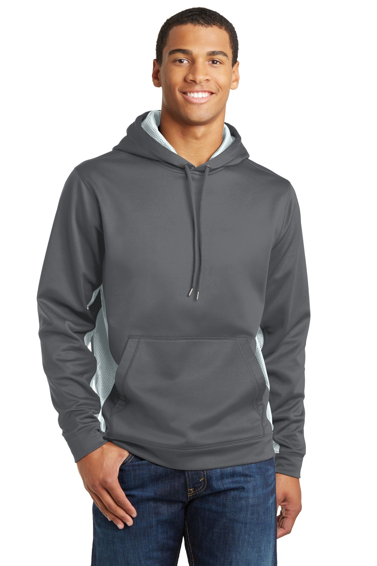 Sport-TekÂ® Sport-WickÂ® CamoHex Fleece Colorblock Hooded Pullover. ST239