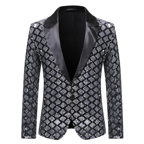 Fashion Men Luxurious Sequin Plaid Suit Jacket Gold / Silver Singer Host Stage Party Loose Dress Blazer Coats