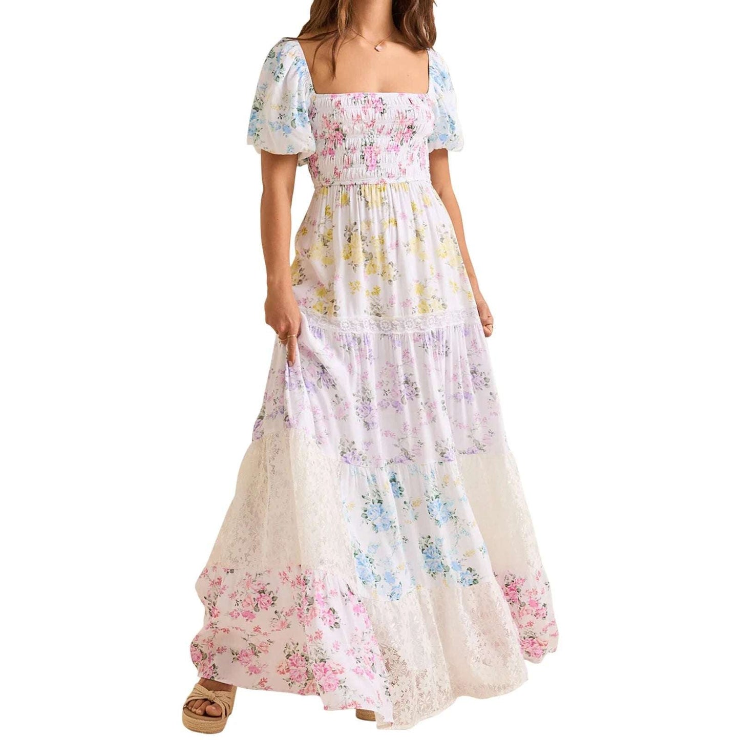 Elegant Floral Print Short Sleeve A-Line Dress with Ruffled Hem for Women Perfect for Cocktail Parties and Streetwear Fashion