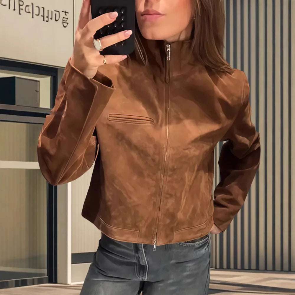 Chaqueta de cuero con textura de terciopelo marrón con cuello alto, manga larga, traje de vuelo, abrigo para otoño, nueva prenda de motocicleta.